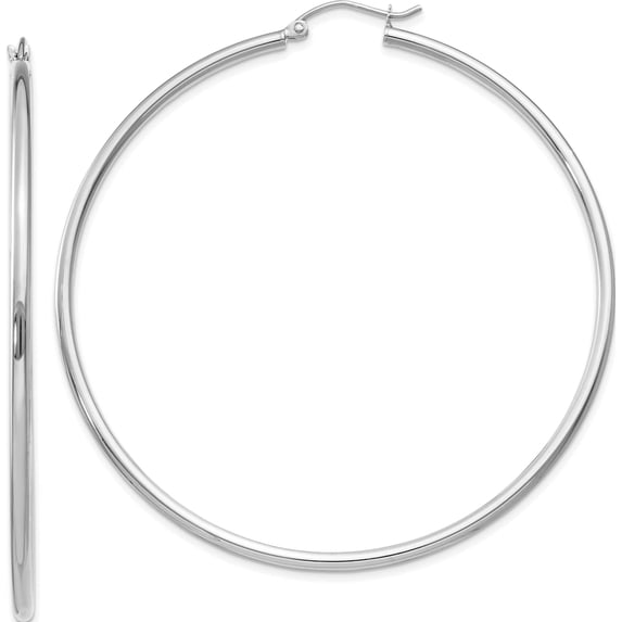 14K White Gold Polished 2X60mm Tube Hoop Earrings (60 X 2) Made In Peru t835