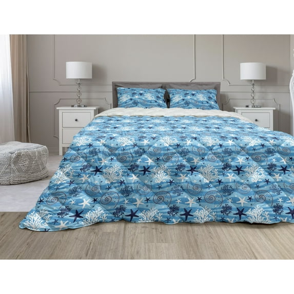 Seashells Comforter & Sham Bedding Set, Nautical Underwater Universe Design of All Creatures Scallop Motif Illustration, 3 pcs Duvet Set Microfiber Filling Quilt, 5 Sizes, Blue White, by Ambesonne