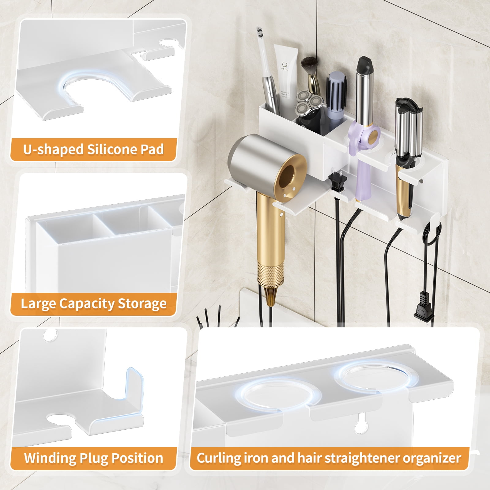 BOIVSHI Hair Dryer Holder Wall Mounted,Blow Dryer Holder for Bathroom, Metal Hair Dryer Rack, Muti-Function Hair Tool Organizer(White)