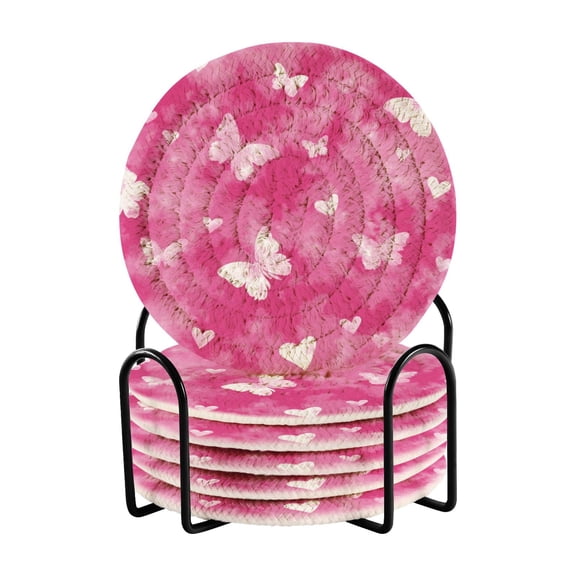6 Pcs Drink Coasters with Holder 3.94in Woven Coasters for Drinks Pink Tie-dye with Butterflies Coaster Set for Protection Table