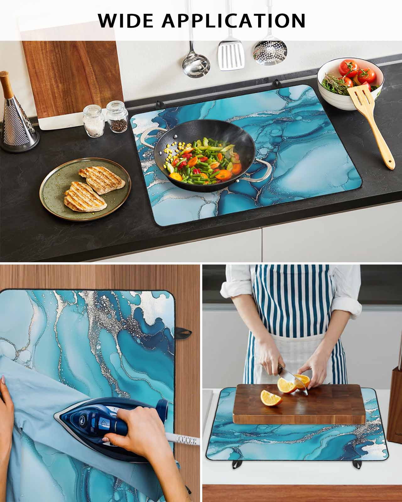 nqOlkjepod Large Induction Cooktop Protector Mat 36"x21", Turquoise Marble Stove Top Covers for Electric Stove, Teal Grey Modern Geometric Decorative Stove Burner Cover Mats, Glass Top Stove Cover