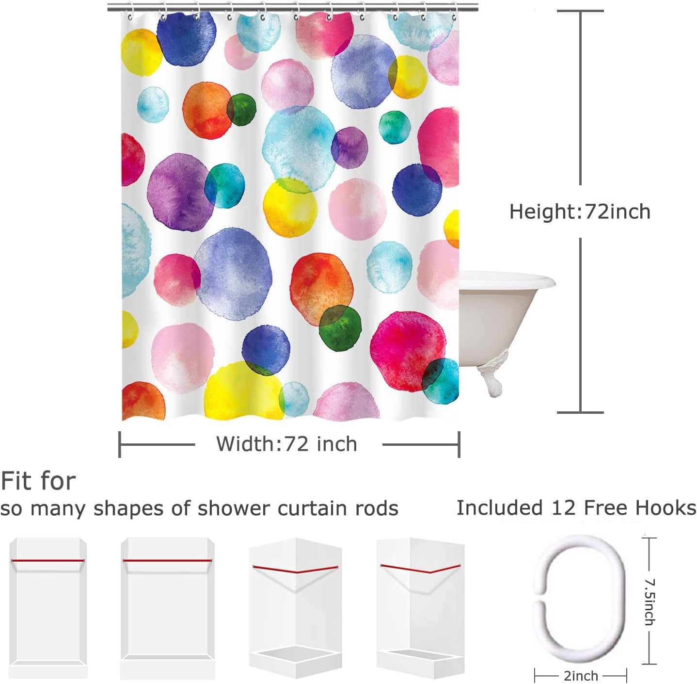 Kids Shower Curtain Set with 12 Hooks, Watercolor Polka Dot Circles Shower Curtain, Waterproof Washable Decor Bathroom Bubble Shower Curtain, 72 x 72 inches, Purple and Orange and Blue