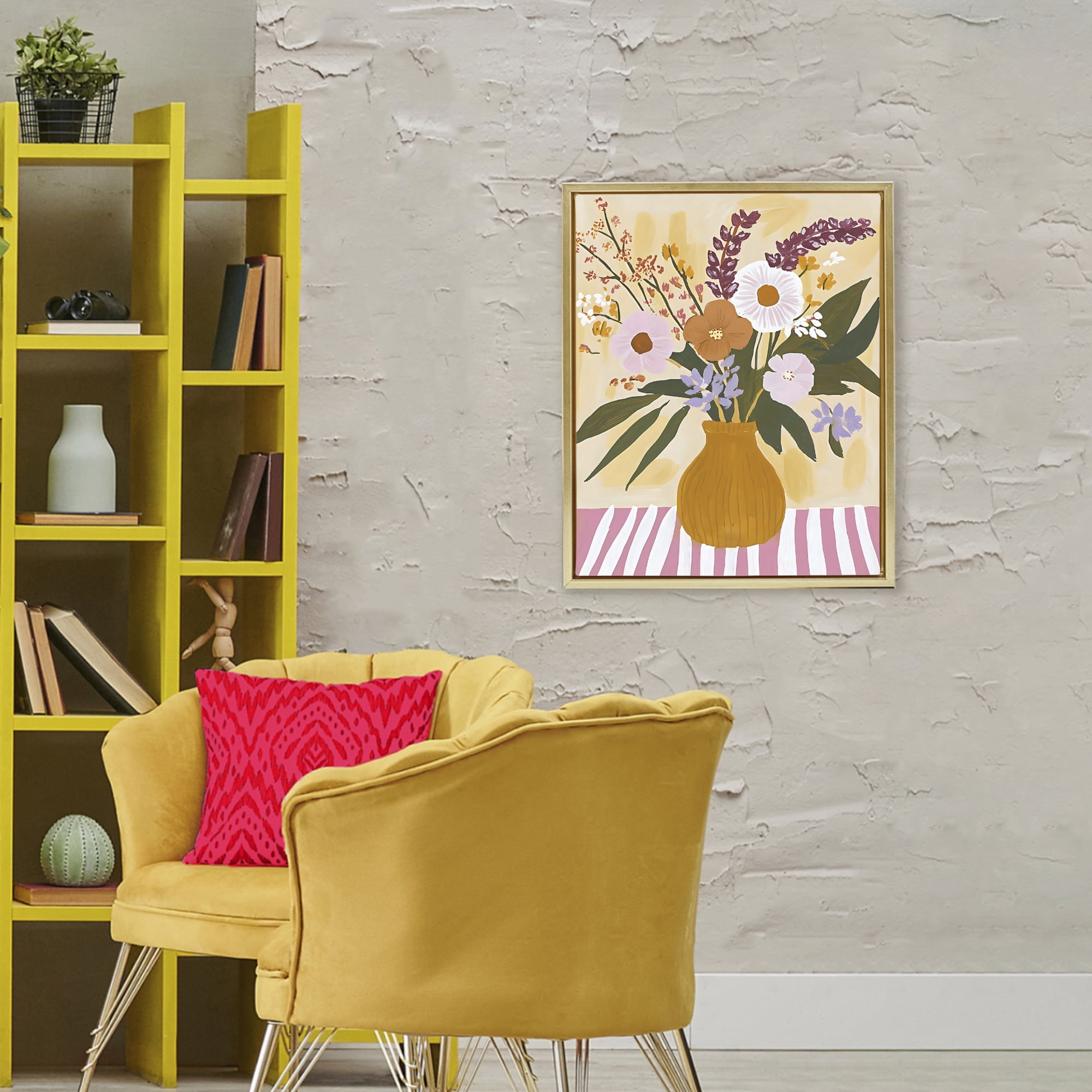Stupell Industries Boho Flowers on Pink Stripes Gold Framed Floater Canvas Wall Art, design by Creative Studio
