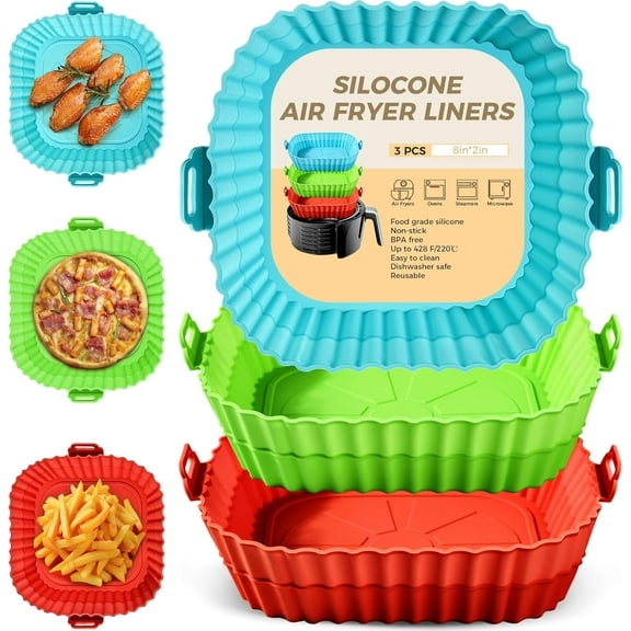 3 Pcs Air Fryer Silicone Liners 8inch Air Fryer Silicone Pot Reusable Food Grade Silicone Airfryer Liners Baking Basket Accessories Replacement of Flammable Disposable Parchment Paper