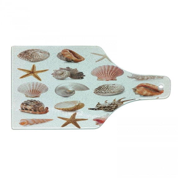 Seashells Cutting Board, Seashell Pattern Scallop Nautilus Mollusk Summer Holiday Destinations Marine, Decorative Tempered Glass Cutting and Serving Board, Wine Bottle Shape, Multicolor, by Ambesonne