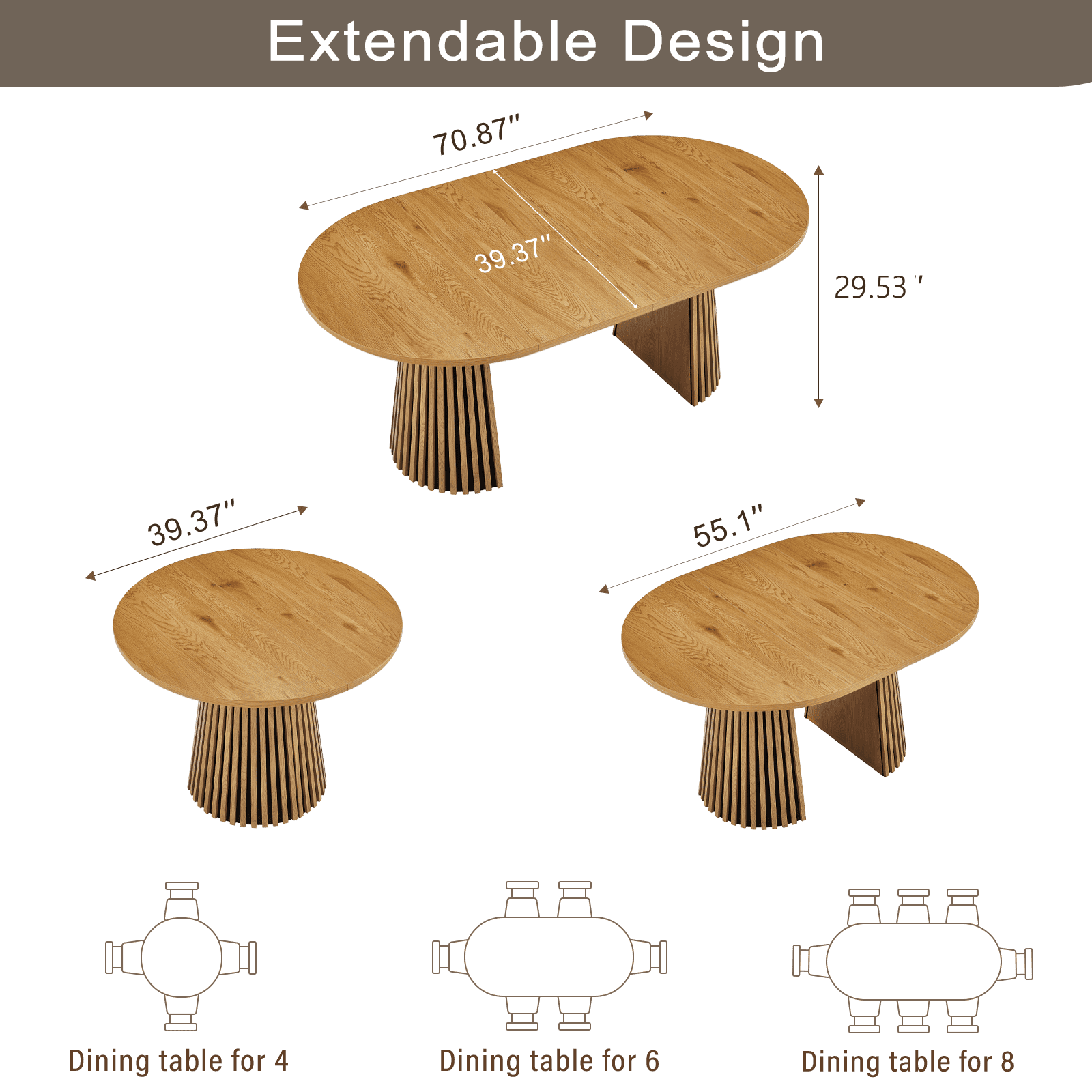 Dining Table 70.87 Inch, Extendable Kitchen Table with Oval Top and Slatted Wood Legs, Multi-Functional MDF Table for Dining Room and Office, Natural Wood