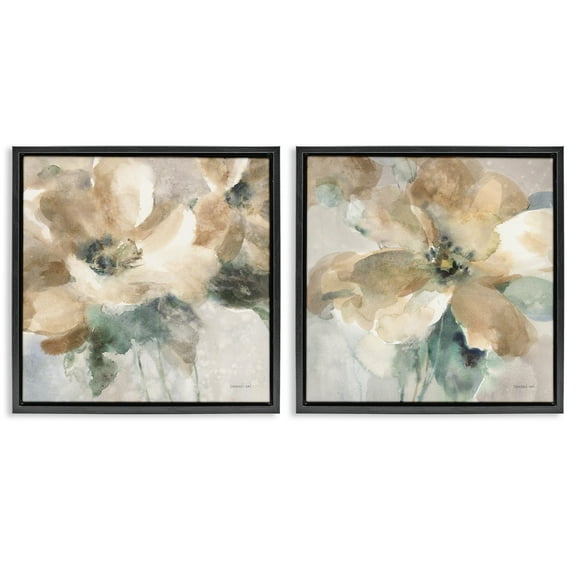 Stupell Industries Abstract Beige Flowers Botanical & Floral Painting Black Floater Framed Canvas Art Print Wall Art, 18 x 18, Set of 2