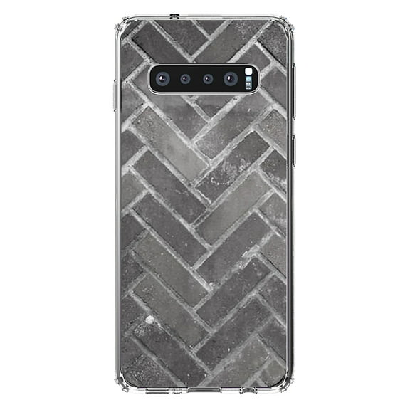 DistinctInk Clear Shockproof Hybrid Case for Samsung Galaxy S10  PLUS(6.4" Screen) - TPU Bumper, Acrylic Back, Tempered Glass Screen Protector - Herringbone Brick Floor