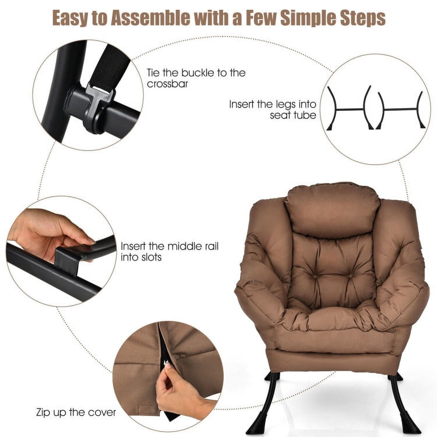 Demi Bonn Polyester Fabric Large Lazy Chair, Modern Accent Oversized Comfy Reading with Steel Frame and Side Pocket, for Living Room, Bedroom, Dorm, Brown