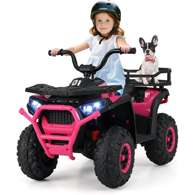 OLAKIDS 24V Ride on Car, Kids ATV with Bluetooth, Music, LED Lights, Power Display, Rear Storage Rack, Spring Suspension, Electric 4 Wheeler for Kids Boys Girls Aged 3+ Years