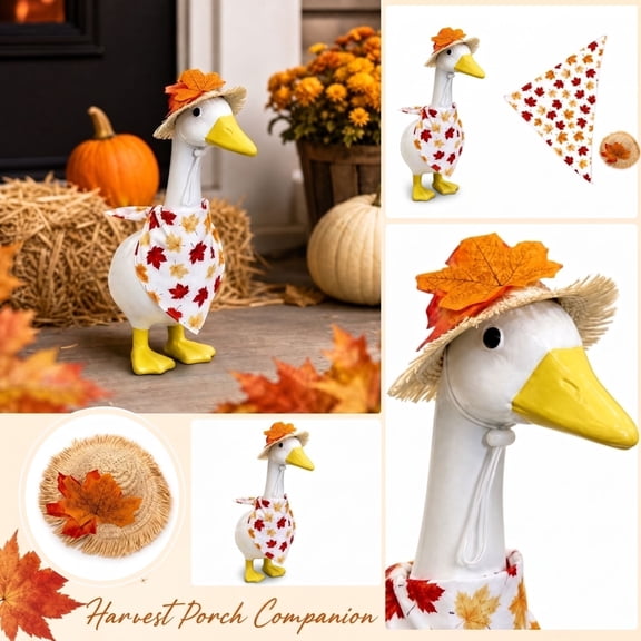 Fall Porch Goose Outfits, Maple Leaf Hat and Bandana,Autumn Lawn Porch Goose Outfits, Harvest Thanksgiving Decor for 17"23" Outdoor Garden Goose Statue