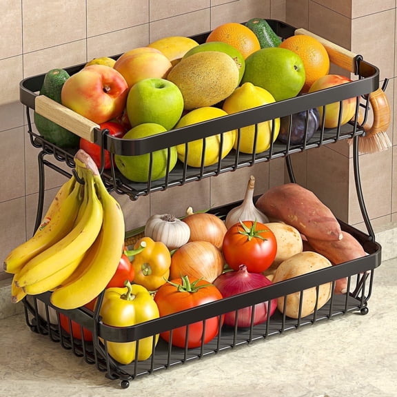 Tmtamye Metal Fruit Basket with Banana Hook, 2-Tier Stackable, Wooden Handle, Black