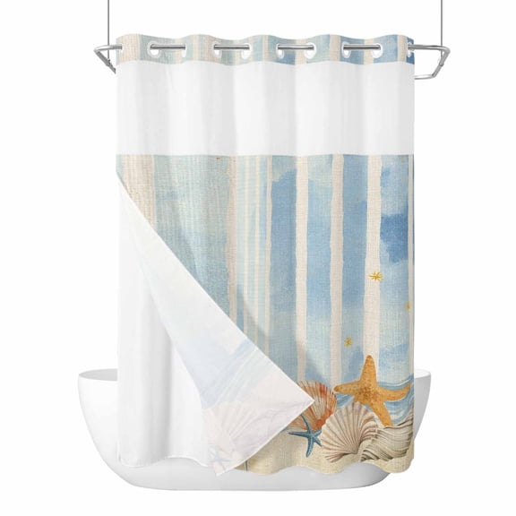 Summer Beach Seashell No Hook Shower Curtain with Snap in Liner Ocean Watercolor Sea Shell Starfish Stripe Waterproof Bathroom Shower Curtain with See Through Top Window for Bathtub 60" x 72"
