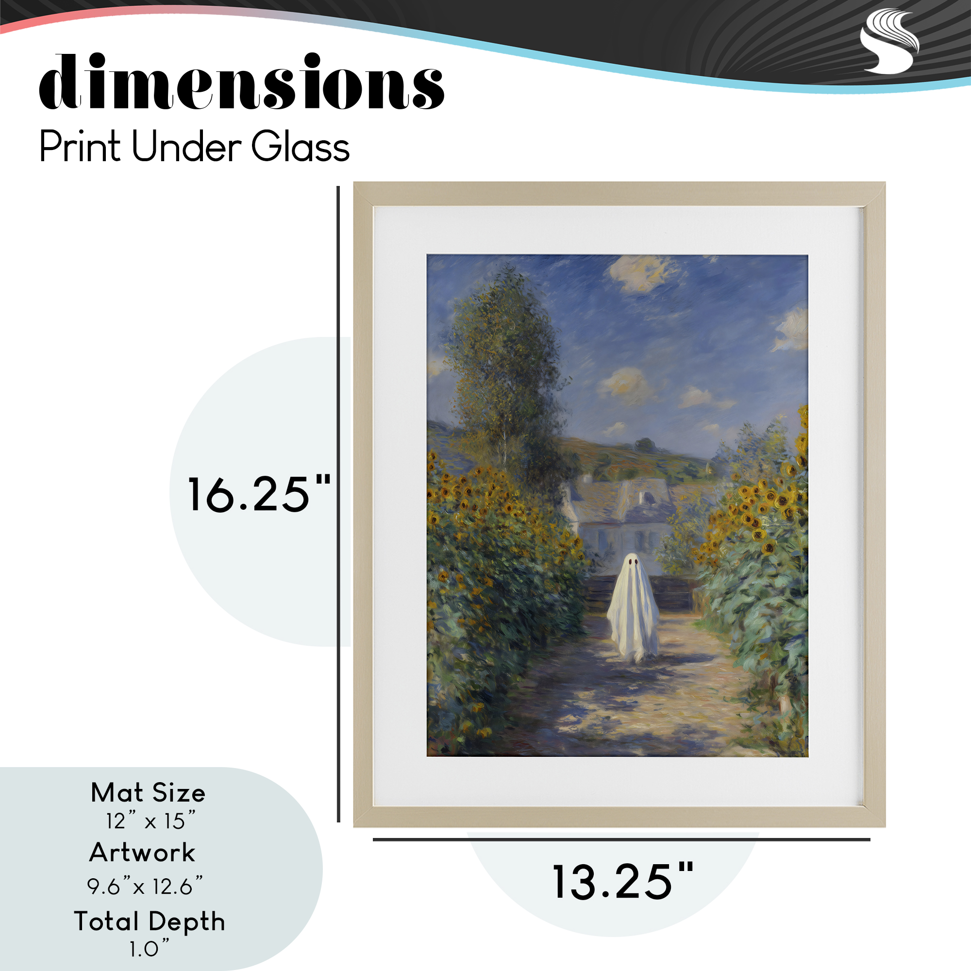 Monet Style Sunflower Ghost Birch Framed Print Under Glass, design by Arlington Prints