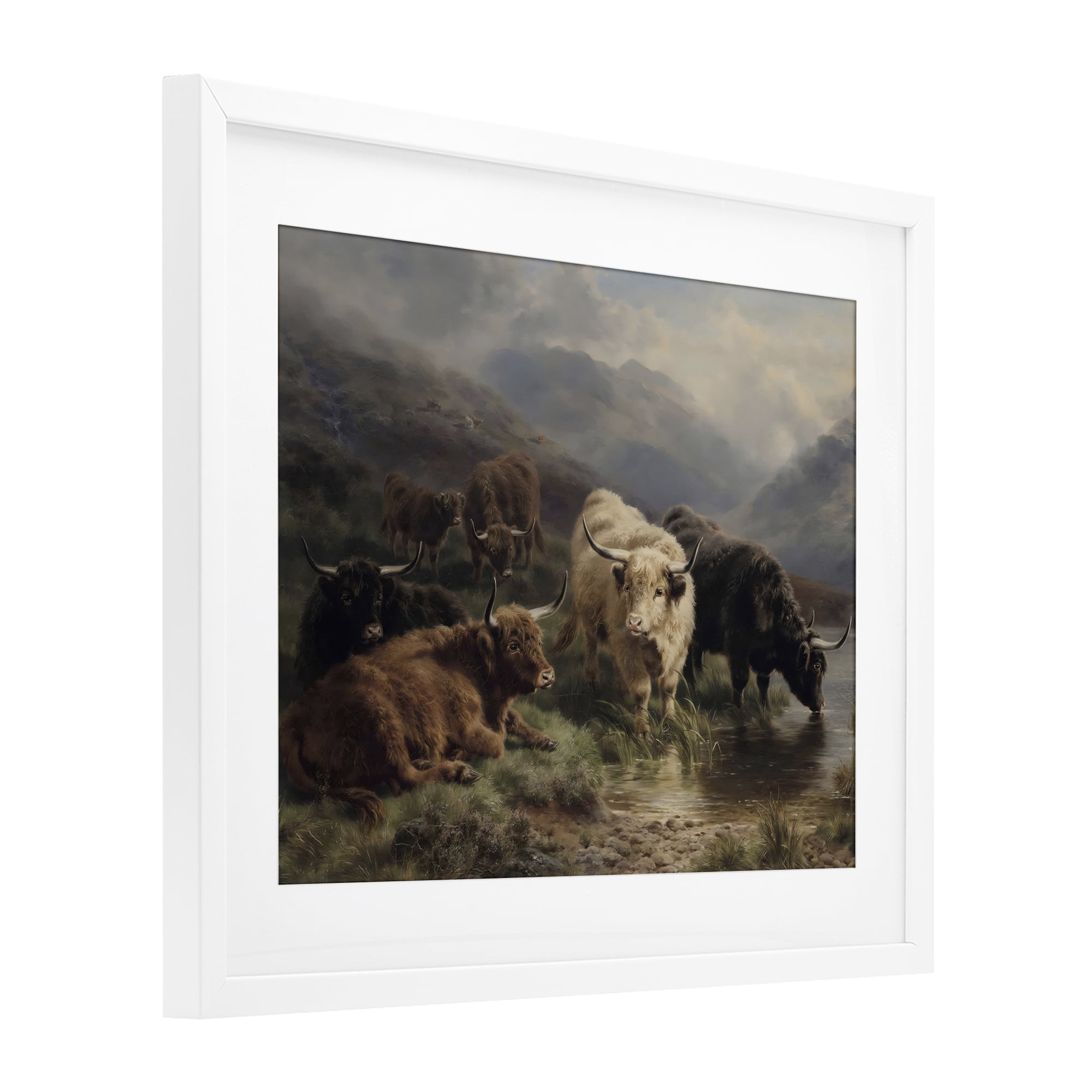 Stupell Industries Highland Cows Beside Misty Loch White Framed Print Under Glass, design by Arlington Prints