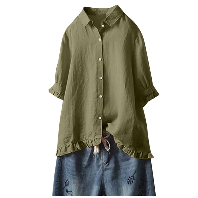 Timegard Hauts à Manches 3/4 pour Femmes en Coton et Lin Grande Taille Chemises à Volants Boutonnées Automne Hauts Amples Blouse