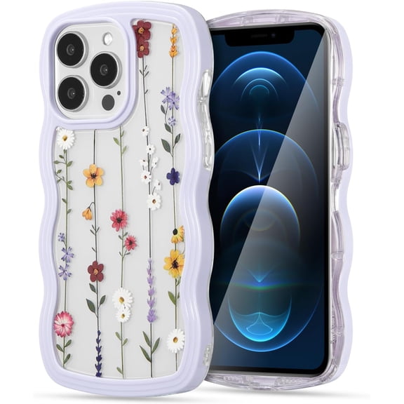 Floral Case for iPhone 13 Pro Max 6.7 inch,Cute Curly Wave Frame Shape Case with Branch Flower Pattern for Women Girls, Clear Soft Slim Shockproof Phone Case for iPhone 13 Pro Max, Purple