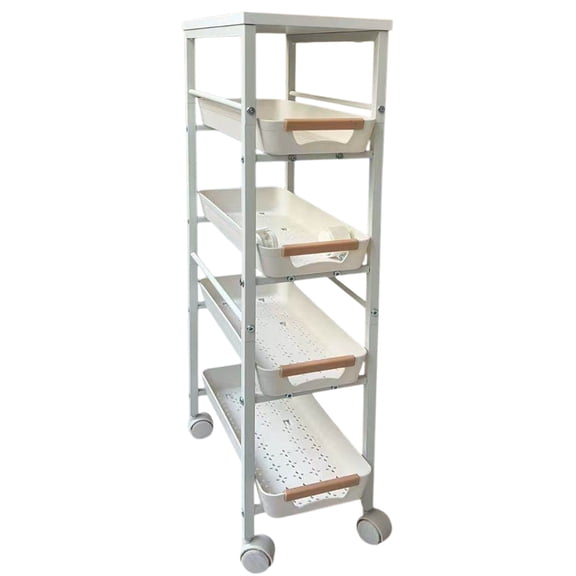 golytefs 4 Tier Metal Organization Trolley with Pull-out Baskets And Wheels Slim Storage Rolling Cart for Home Office Kitchen Bathroom Laundry (White)