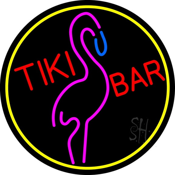 Tiki Bar Flamingo Oval With Yellow Border LED Neon Sign 18 x 18 - inches, Clear Edge Cut Acrylic Backing, with Dimmer - Bright and Premium built indoor LED Neon Sign for Bar decor.