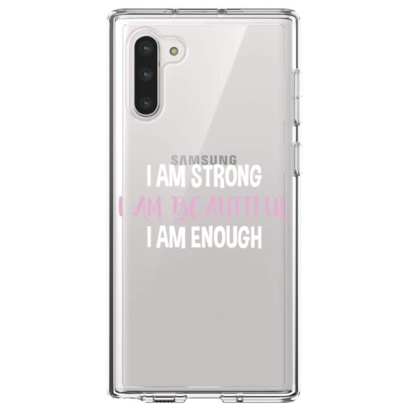 DistinctInk Clear Shockproof Hybrid Case for Samsung Galaxy Note 10 (6.3" Screen) - TPU Bumper Acrylic Back Tempered Glass Screen Protector - I Am Strong I Am Beautiful I Am Enough