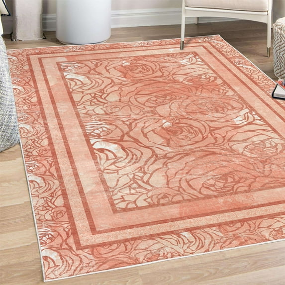 Floral Decorative Rug, Romantic Composition of Love Flowers Blossoming Artwork in Pinkish Design, Quality Carpet for Bedroom Dorm and Living Room, 6 Sizes, Burnt Sienna, by Ambesonne