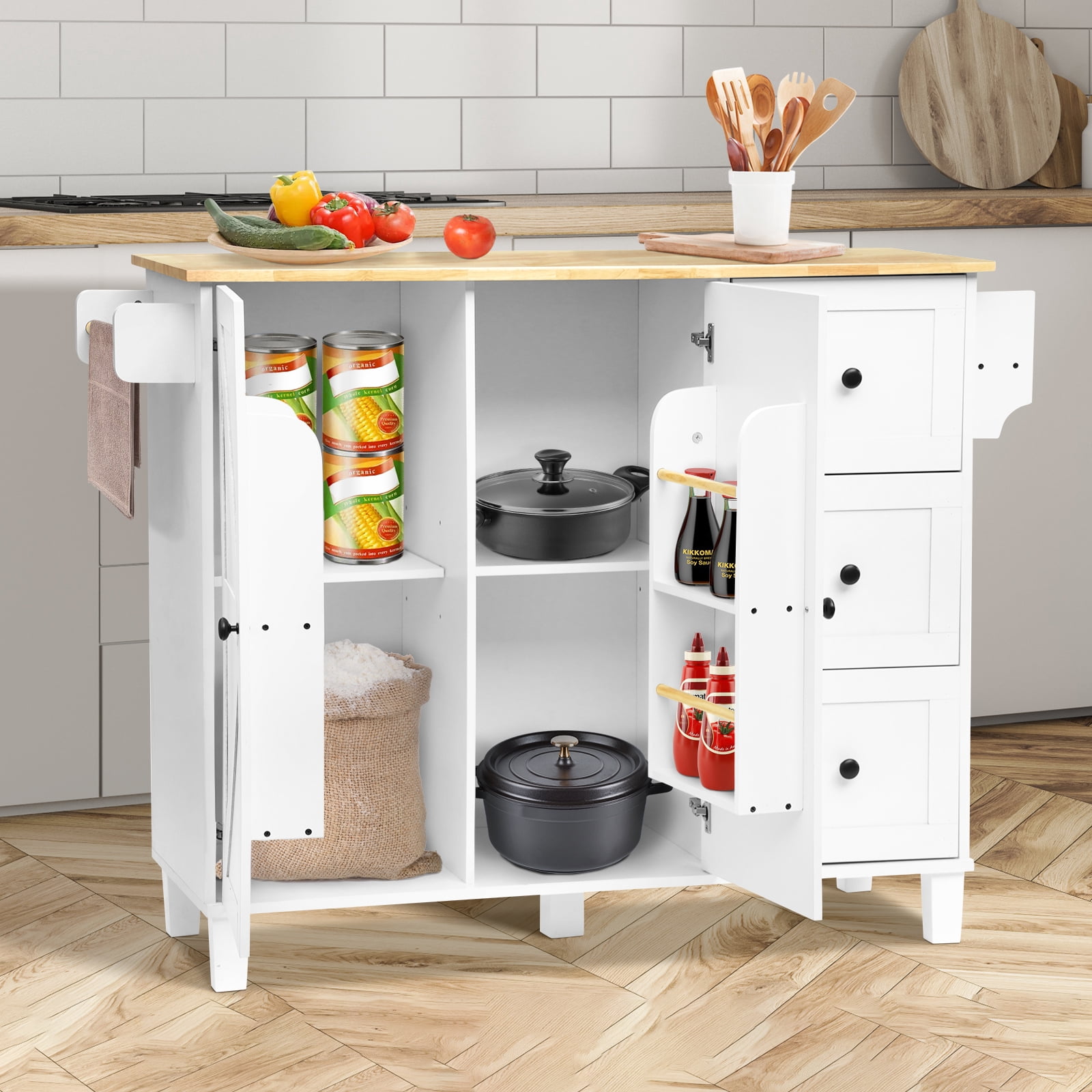 ZZBIQS Kitchen Island Cart on Wheels with  Cabinet & Drawer & 2 Adjustable Shelves, Rolling Kitchen Storage Cabinet with Wine Rack, White
