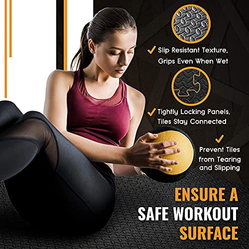 Rubber Tiles Workout Flooring Puzzle Exercise Mat with 6 Squares Interlocking Foam Gym Mats 24'' x 24'' EVA Protective Mats for Heavy Equipment