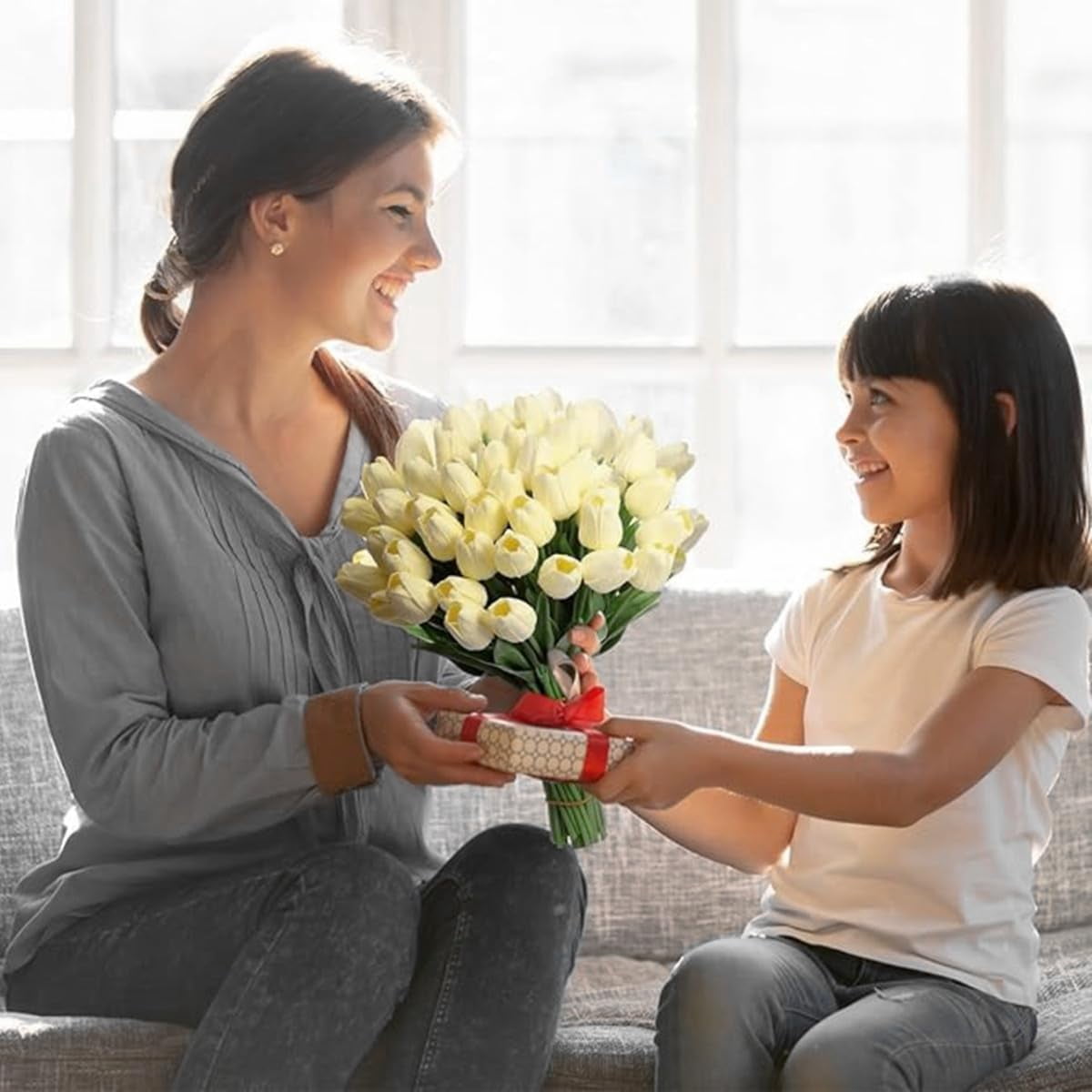 EONQY Artificial Tulips Flowers Fake Flowers, 20 Faux Flower Tulips Bouquets for DIY Wedding Home Garden Hotel Party Office Decoration