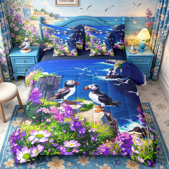Castle Fairy Vibrant Anime Cliff Puffin Duo 7-Piece Twin Bedding,Purple Wildflower Seagull Ocean Scene Bedding Comforter Set,Violet Blue,Navy Blue Reversible