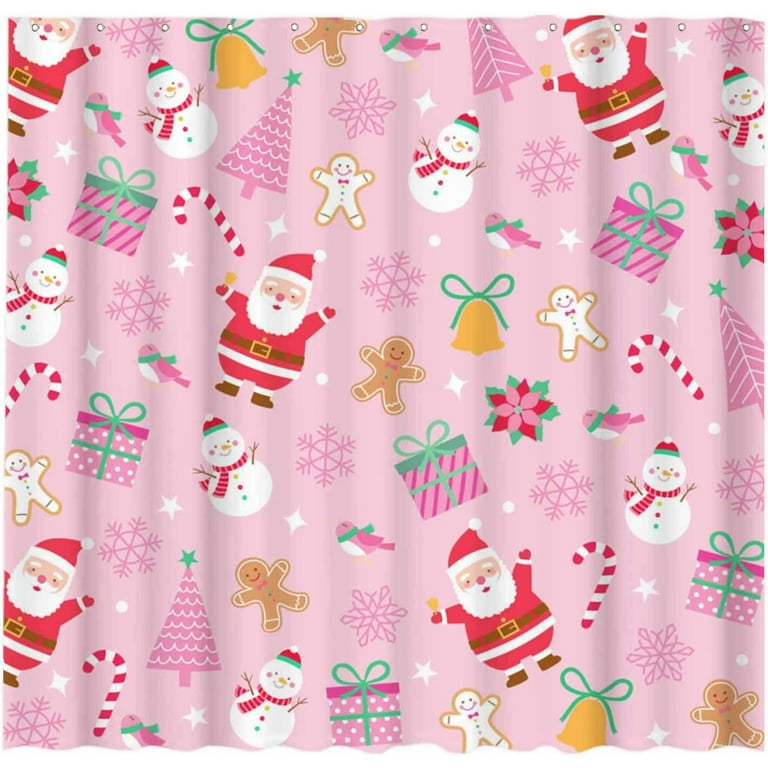Joocar 72 inch x 72 inch Cartoon Pink Christmas Shower Curtain for Girl Bathroom Set Merry Xmas Winter Santa Snowman Holiday Present Home Bath Bathtub