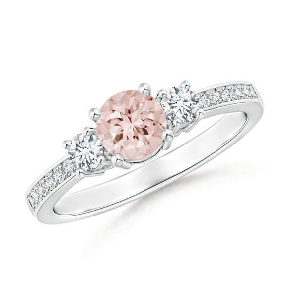 Angara Natural Morganite Ring - Three Stone Round Morganite and Diamond Engagement Ring in Platinum for Women (Ring Size = 5)