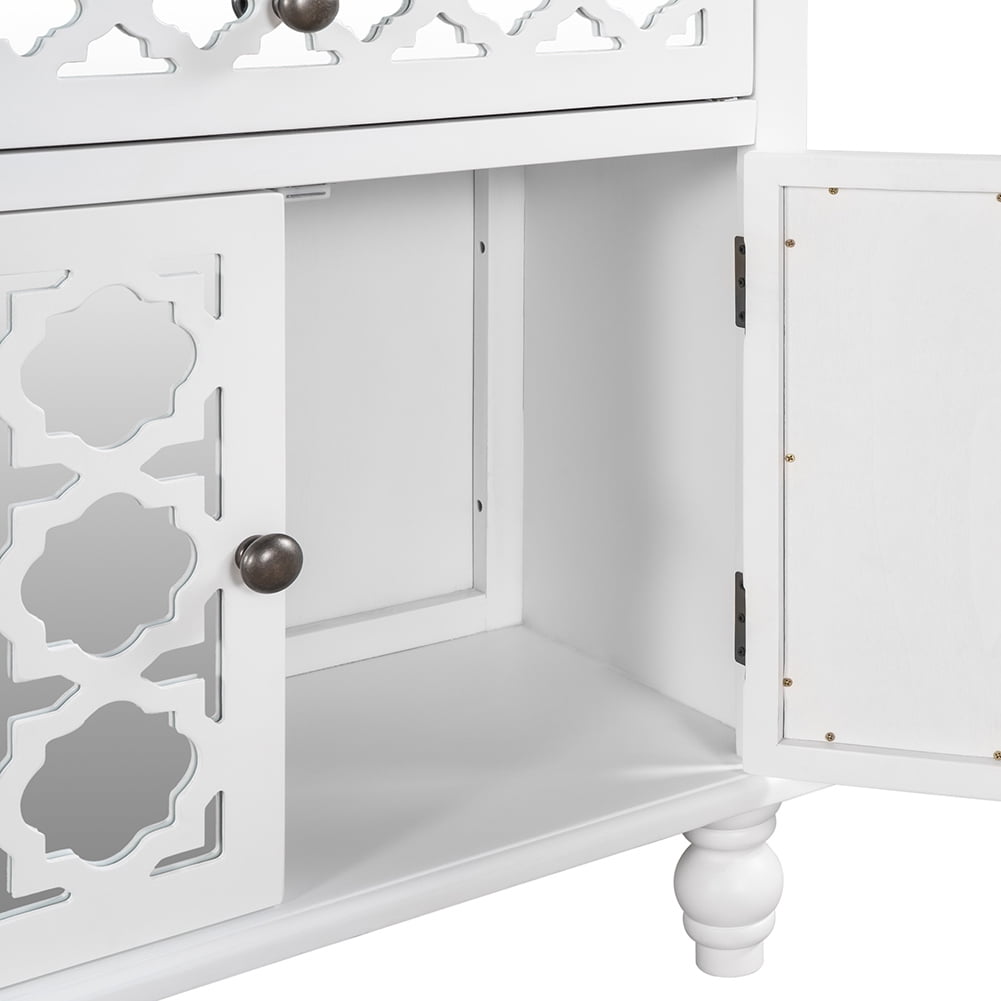 Canddidliike 29.5" Modern Accent Wooden Cabinet with Decorative Mirror Doors and Storage Drawer, for Bedroom Living Room Entryway - White