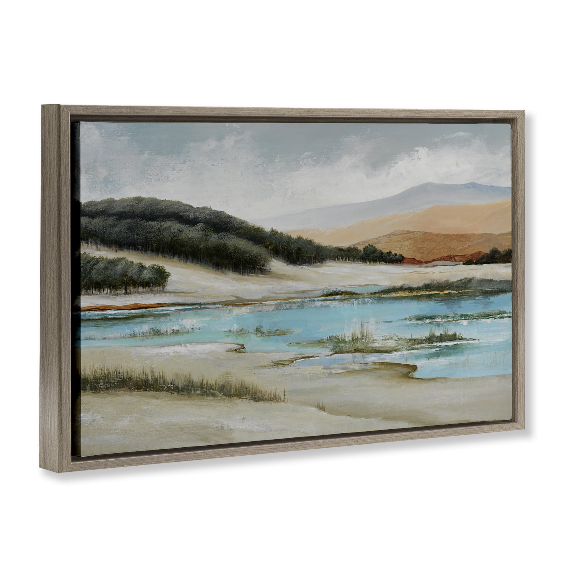 Stupell Industries River's Edge Landscape Landscape & Nature Painting Brown Floater Framed Canvas Art Print Wall Art, 25 x 17