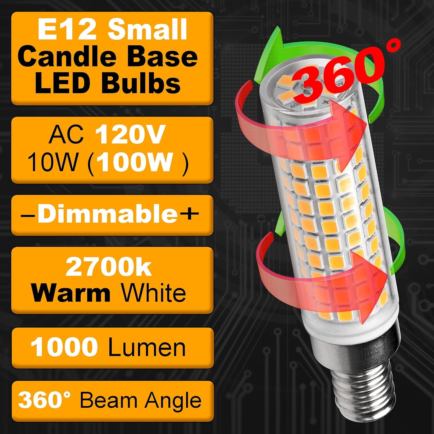 E12 Dimmable LED Candelabra Light Bulbs 100 Watt Equivalent 2700K Warm White 1000 Lumen 10W E12 C7 T6 LED Corn Bulbs for Home Decorative Chandelier Ceiling Fan Pendant Lighting Salt Lamp,3 Pack