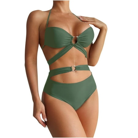 UTSJKR High Waisted Bikini Sets for Women Sexy Halter Ring Linked 2 Piece Bathing Suits Cheeky Triangle Bikini Swimsuit 2025 Army Green XL