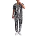 thumbnail image 2 of RYDCOT Men's Metallic Glossy V Neck Short Sleeve T Shirt and Pants 2 Piece Set Jacket Men Straight Leg Trousers Costume for Men Disco Cosplay Party Gray, 2 of 4