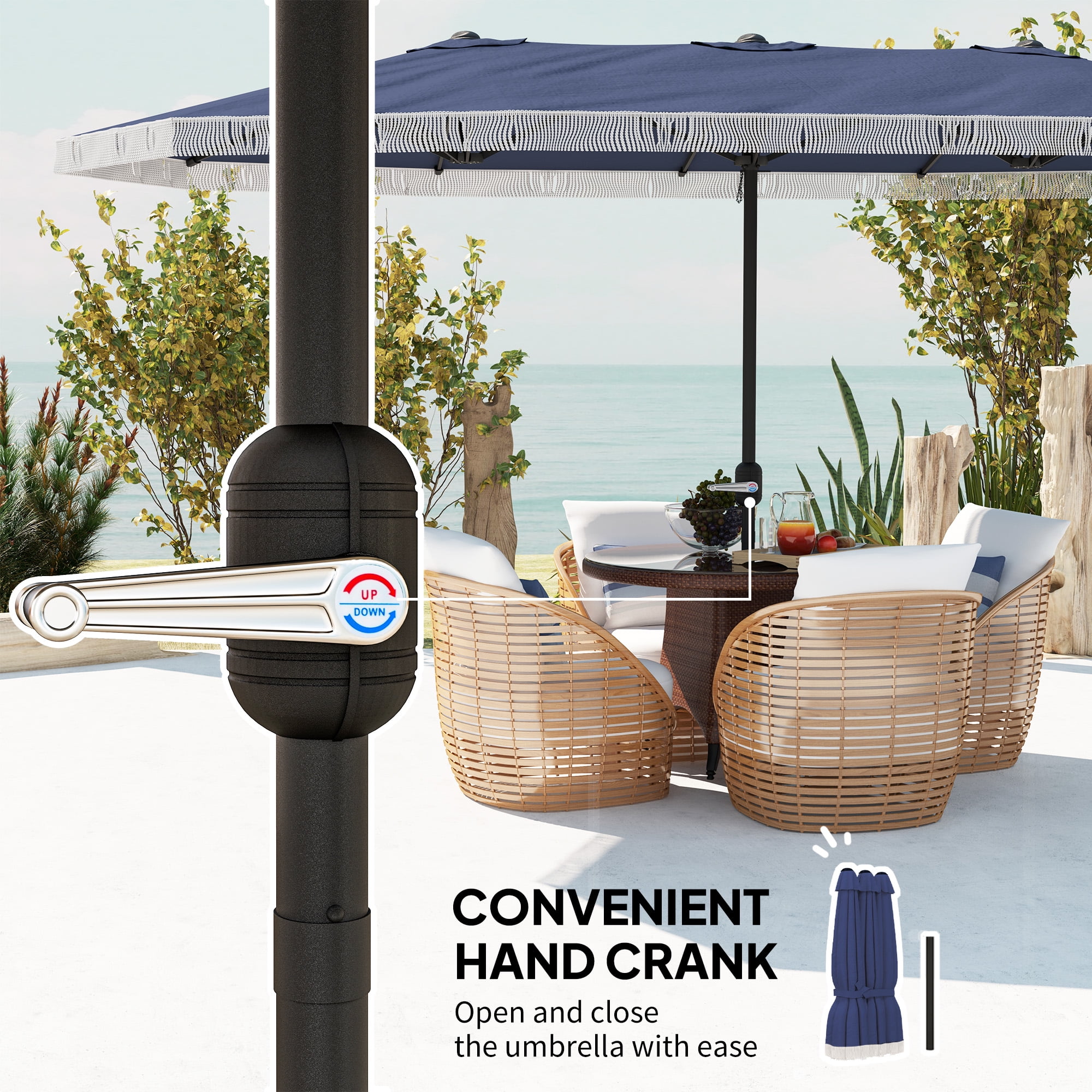 Outsunny 15ft Extra Large Patio Umbrella, UPF30+ Double-sided Rectangle Umbrella with Easy Crank Handle, 2 Vents for Garden Pool Lawn, Dark Blue