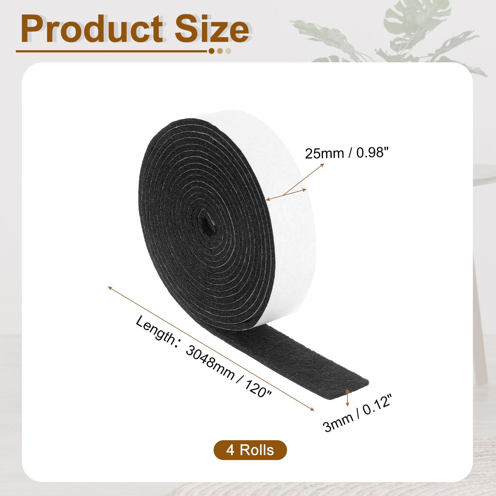 Felt Strips with Adhesive Backing, 4 Pack 1" x 120" x 0.12" Adhesive Felt Strips Anti Scratch Furniture Felt Tapes Self-Stick Felt Pads for Protecting Hardwood Floor, Black