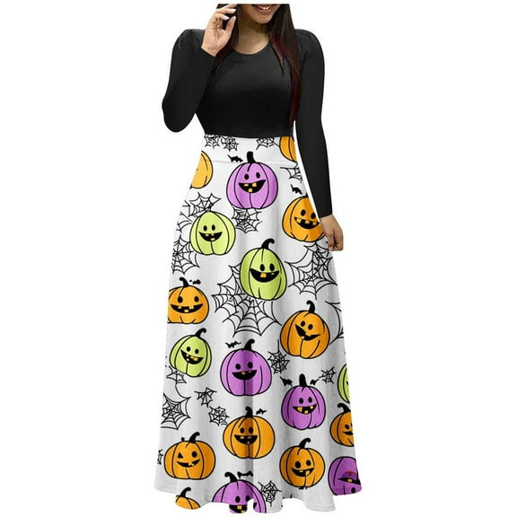 Cavosen Halloween Dresses for Women Pumpkin Graphic Crew Neck Evening Gowns Long Sleeve High Waist Elegant Dress