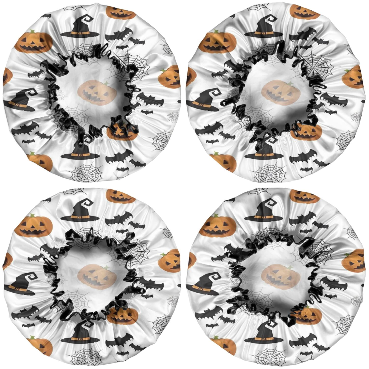 Shower Caps,White Halloween Pumpkins Bats and Witch Hats Waterproof Shower Cap for Women 4 Pieces,Double Reusable Hair Cover for Shower PEVA Elastic Stretch Hem