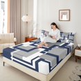 thumbnail image 3 of Homewish Patchwork Square Queen Sheets,Geometric Abstract Queen Sheet Sets,Navy Gray,4-Piece,1 Flat Sheet, 1 Fitted Sheet and 2 Pillowcases, 3 of 6