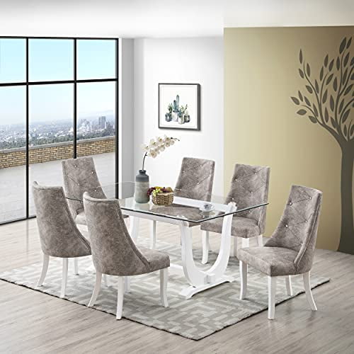 Kings Brand Furniture - Elmer 7 Piece Glass Top Dining Set, Table & 6 Chairs, White/Gray