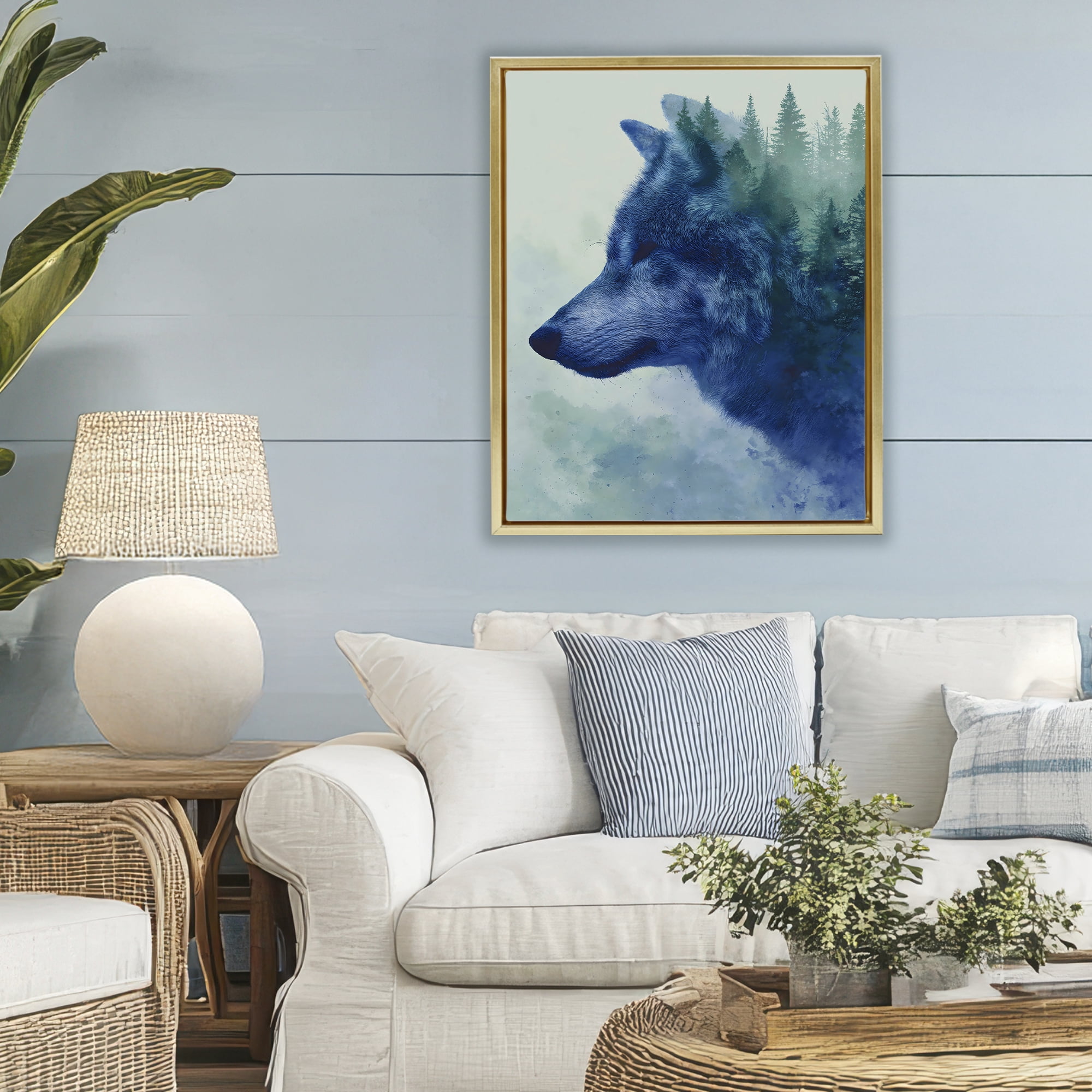 Stupell Industries Indigo Wolf in Misty Pines Gold Framed Floater Canvas Wall Art, design by Franklyn Gregory