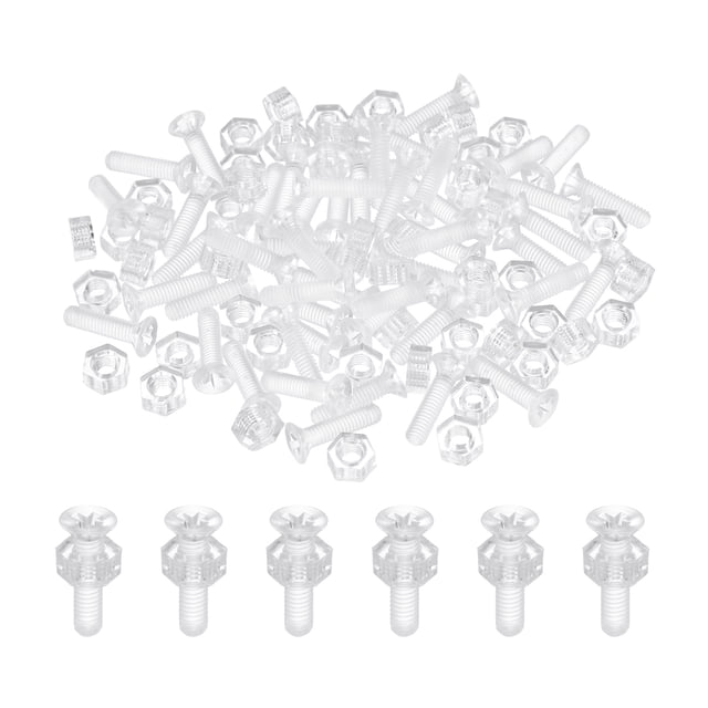 Uxcell 50Pcs M3x12mm Clear Plastic Phillips Countersunk Screws with Hex Nuts Kit