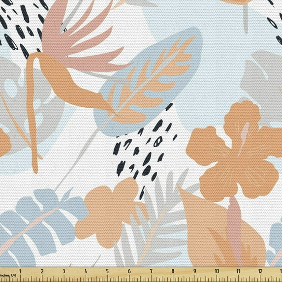 Tropical Fabric by the Yard, Bird of Paradise Hibiscus Palm Leaves and Flowers in Pastel Tones, Decorative Upholstery Fabric for Chairs & Home Accents, Pale Blue Peach by Ambesonne