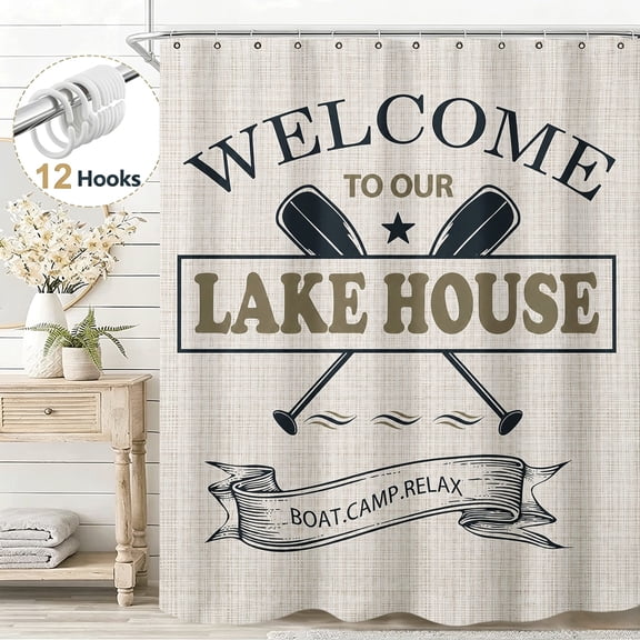 Vintage Rustic Welcome to Our Lake House Shower Curtain, Exquisite Lake Themed Shower Curtain Set for Bathroom, Waterproof Cloth Fabric Bathroom Shower Curtain with Hooks, 72*72in