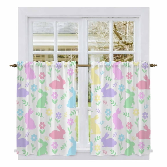 Happy Easter Kitchen Curtain for Berdoom Living Room Cafe 54 Inch Length, Spring Colorful Bunny Floral Watercolor Tiers Curtains Light Filtering Drapes Rod Pocket Window Treatment 2 Panels 52"Wx54"L