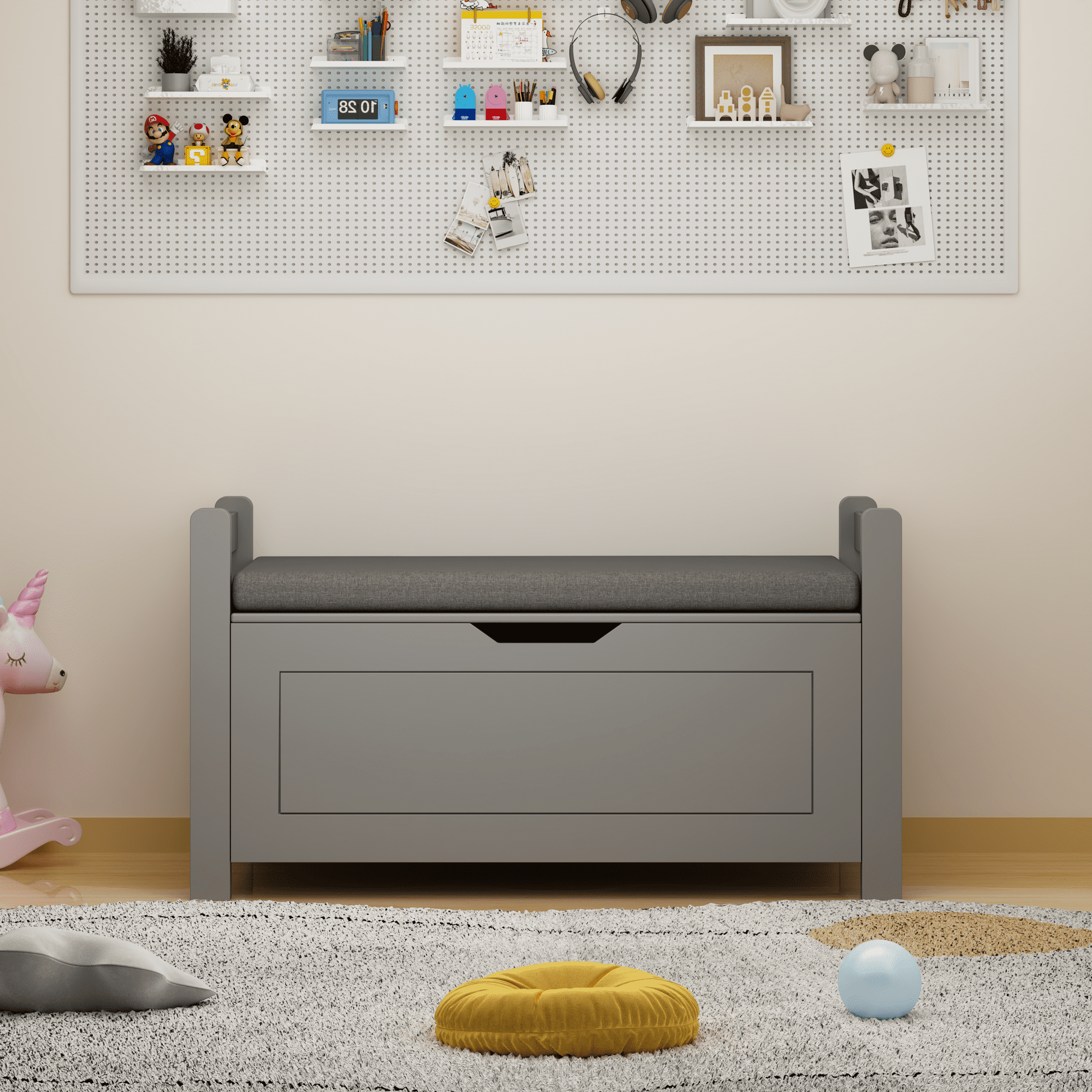 Kids Toy Box Chest for Boys Girls, Large Storage Cabinet with Cushion Seat Bench/ Flip-Top Lid/ Safety Hinge, Toy Storage Organizer Trunk for Nursery, Playroom (Gray)