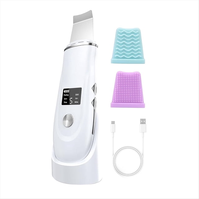 Skin Scrubber Face Spatula - Deep Cleansing Tool for Pore Extraction, Fast Charging Dock Blackhead Remover Face Spatula,1 * Skin Scrubber Face Spatula 2 * silicone tips 1 * USB cable,White
