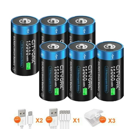 Image of 6 Pack 15000mWh 1.5V USB Lithium High Capacity D Size Rechargeable Batteries with 3 Pack Battery Case